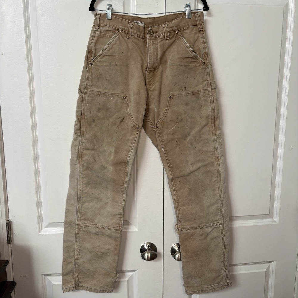Vintage Carhartt Original Dungaree Fit Pants Mens Tan Flannel Lined Distressed - Picture 2 of 15